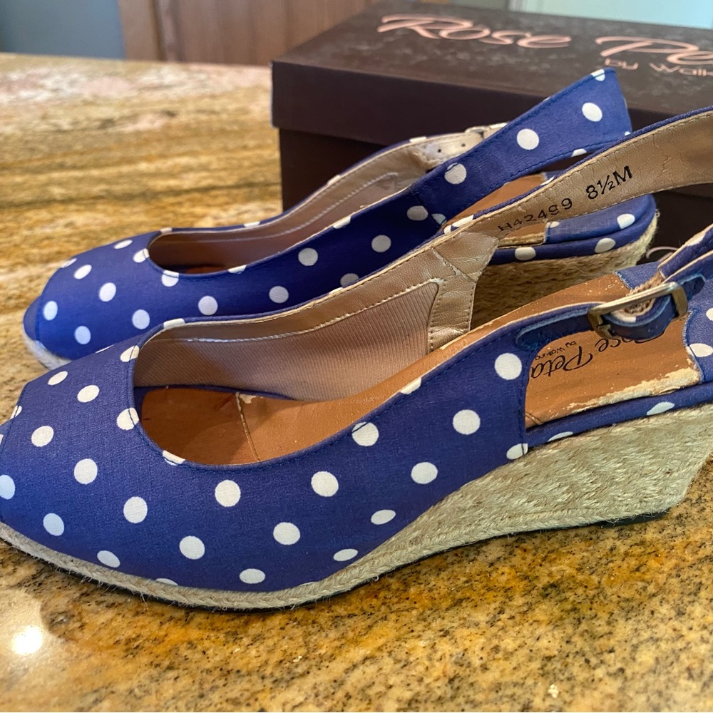 Blue and White Polka Dot Espadrille Wedge Slingbacks Open Toe ROSE PETALS 8.5